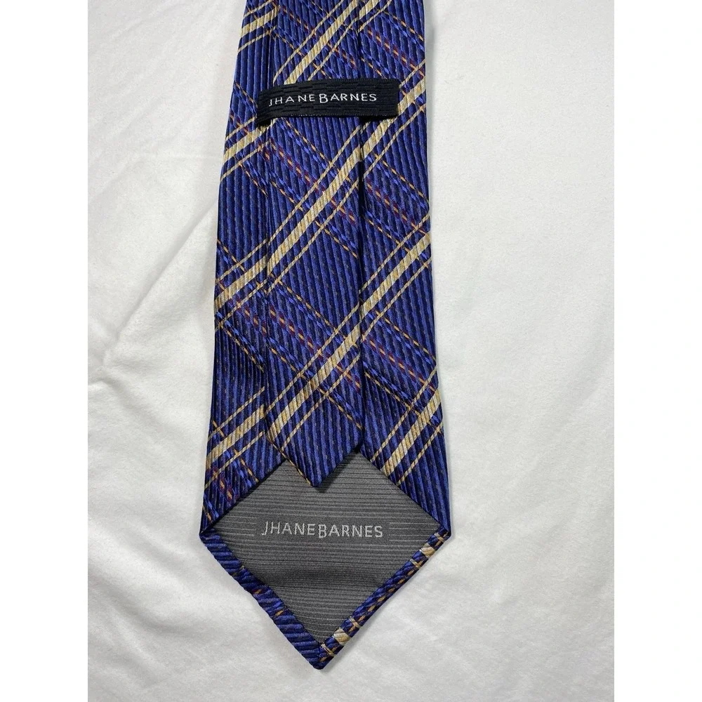 JHANE BARNES 100% Silk Necktie‎ Hand Made In ITALY Blue Beige Plaid EUC
